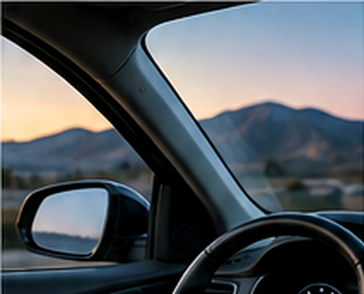 View from inside a car toward a side mirror and mountain road at sunset