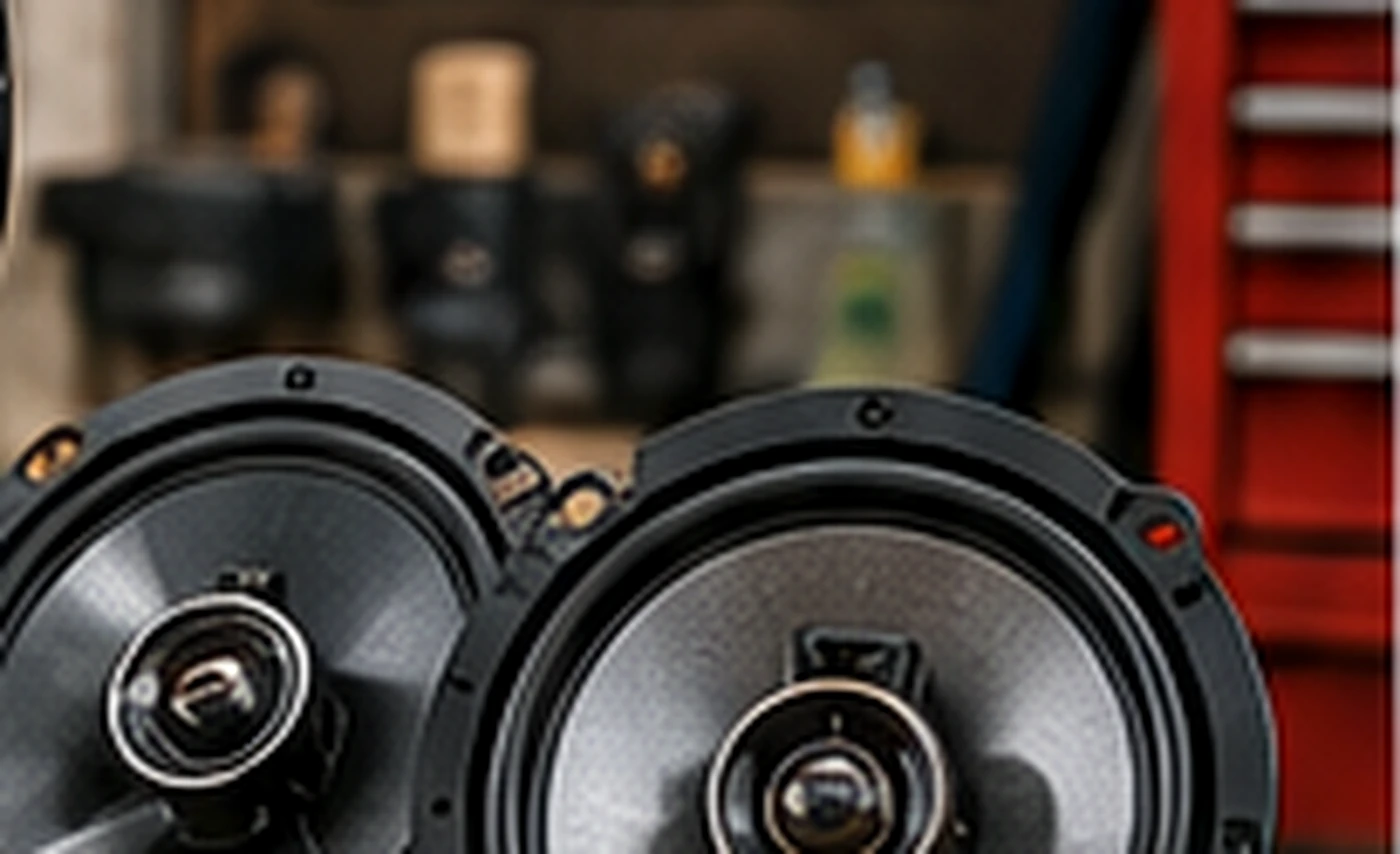 Pair of aftermarket coaxial car speakers on a workshop bench