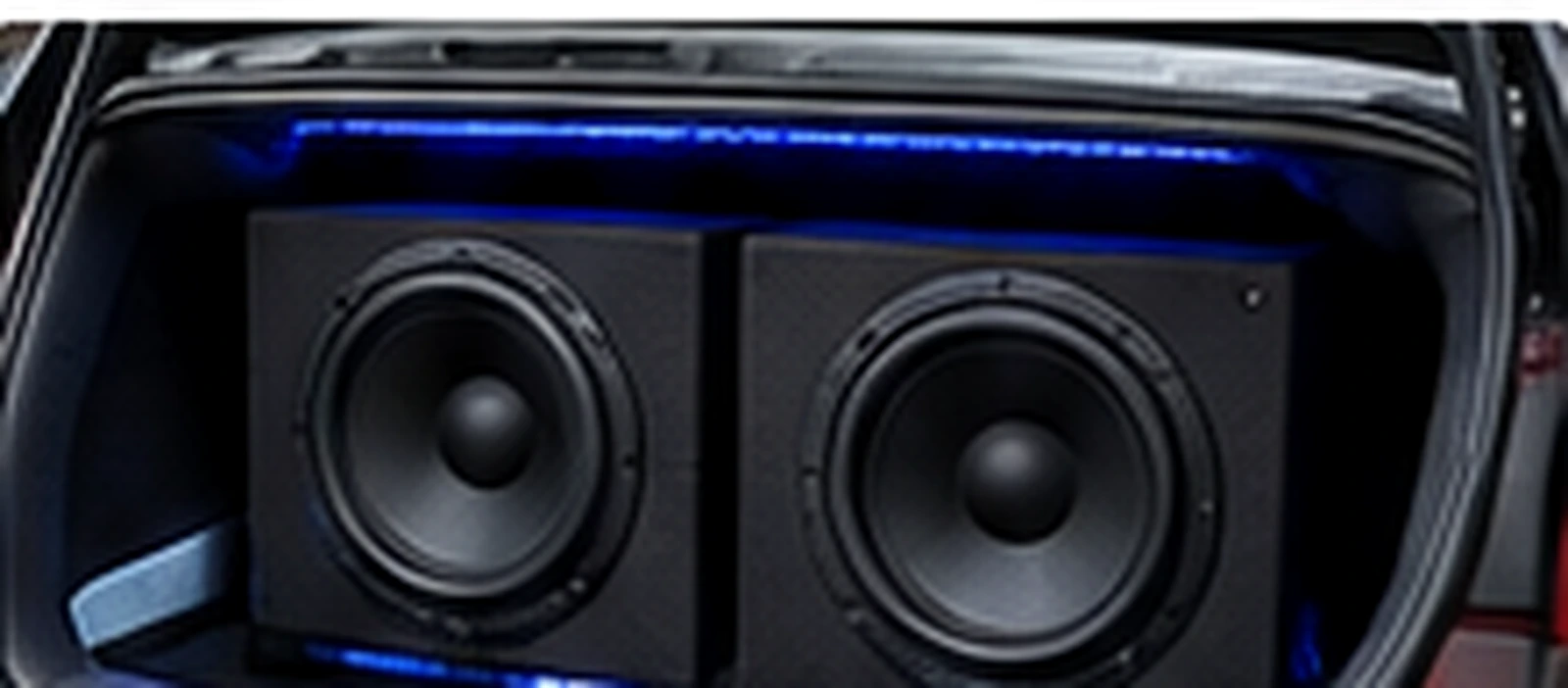 Two black subwoofer enclosures installed side by side in a car trunk